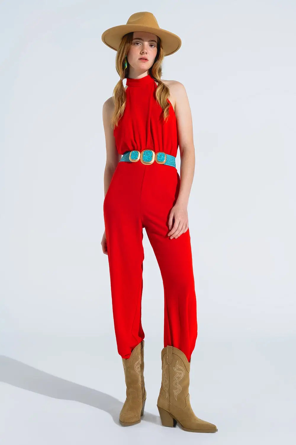 Red Jumpsuit With Crossed Halter Neckline - Jumpsuits