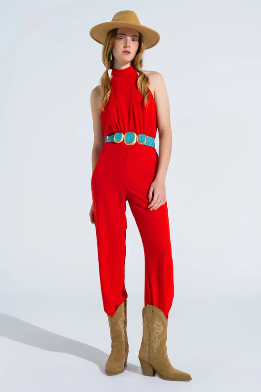 Red Jumpsuit With Crossed Halter Neckline - Jumpsuits