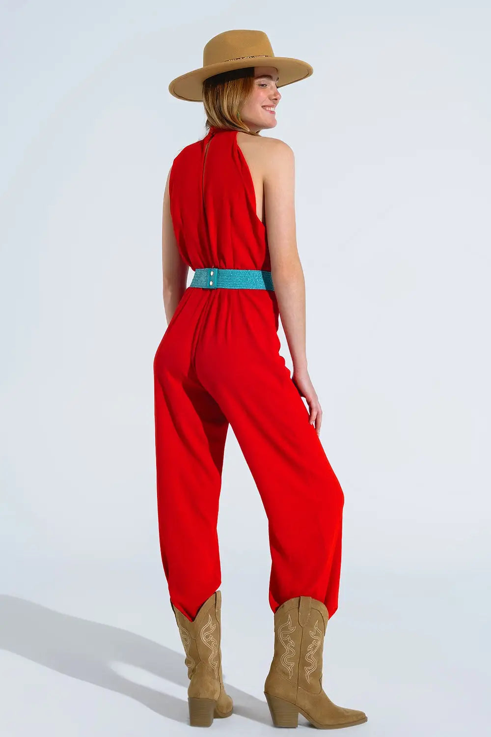 Red Jumpsuit With Crossed Halter Neckline - Jumpsuits