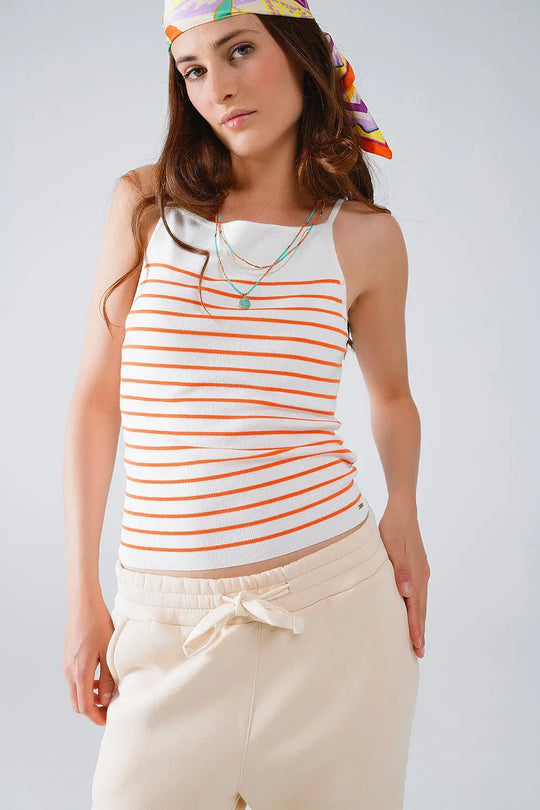 White top with orange stripes and thin straps - Tops