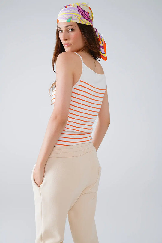 White top with orange stripes and thin straps - Tops