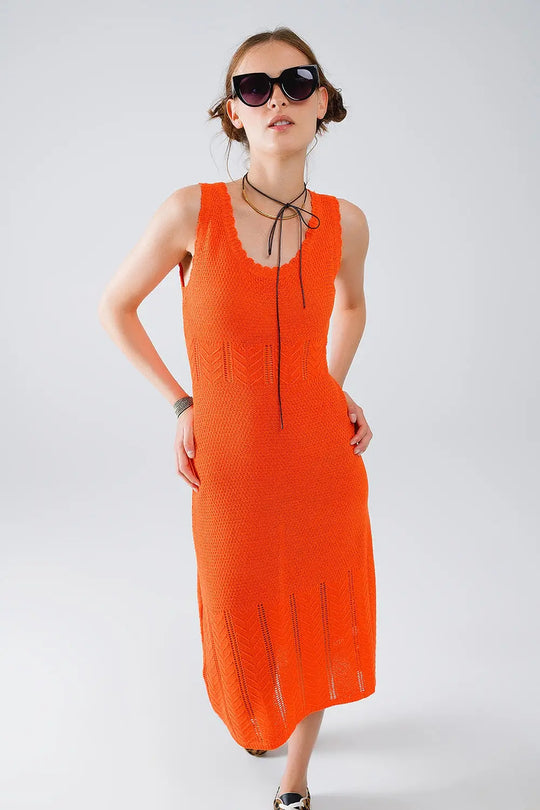 Sleeveless orange knit midi dress with round neck - Dresses