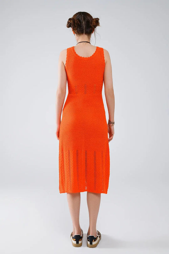 Sleeveless orange knit midi dress with round neck - Dresses