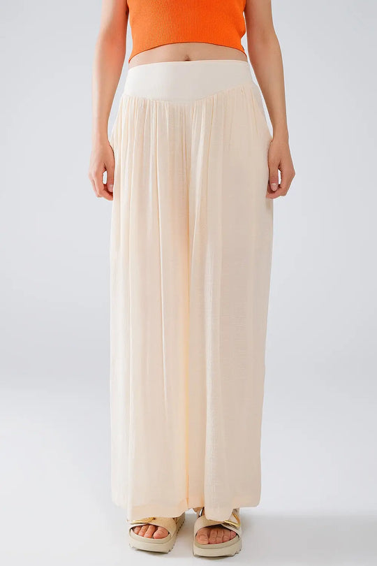 Beige Palazzo style Pants With Side Pockets And Thick Waist Band - Pants