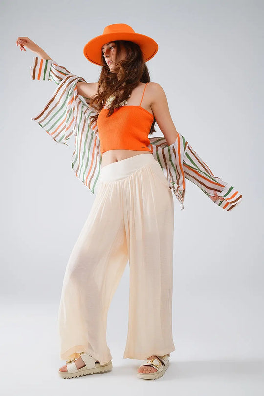 Beige Palazzo style Pants With Side Pockets And Thick Waist Band - Pants