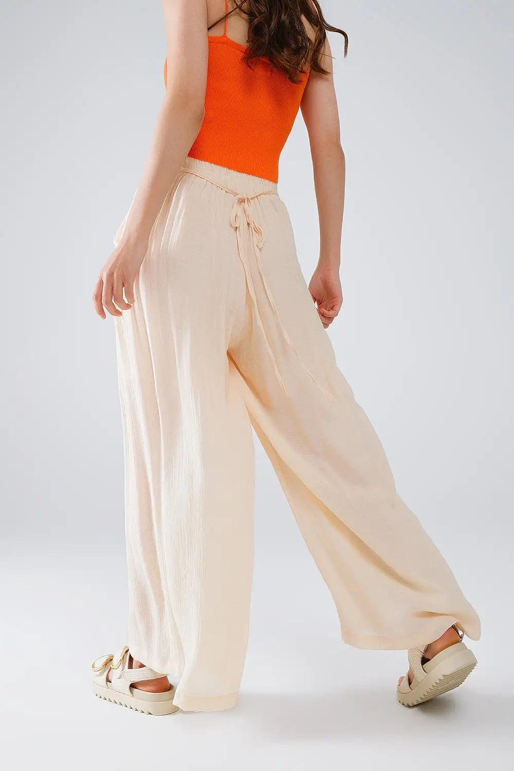 Beige Palazzo style Pants With Side Pockets And Thick Waist Band - Pants