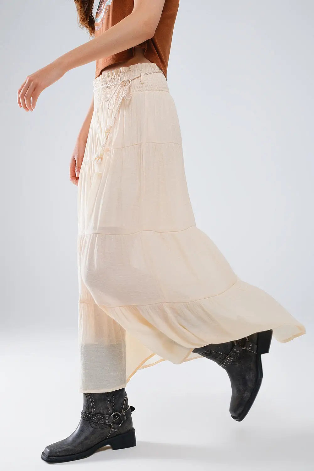 Tiered Maxi Skirt In Beige With Elastic Waist And Shell Details - Skirts