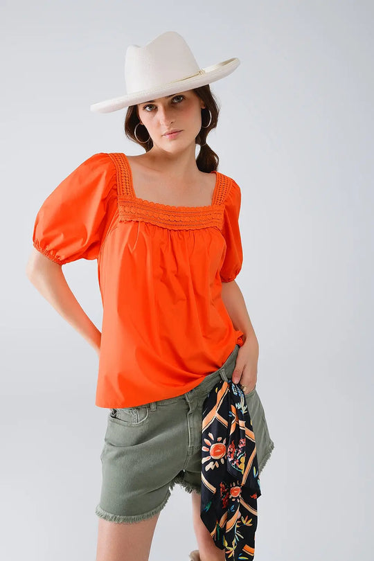 Orange Top With Square Neckline And Short Sleeves - Tops