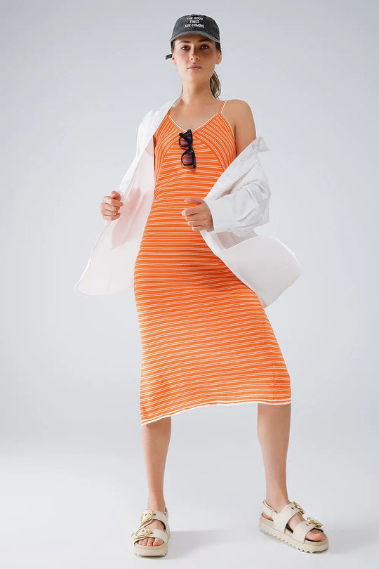 Orange Midi Dress With Stripes And Spaghetti Straps - Dresses