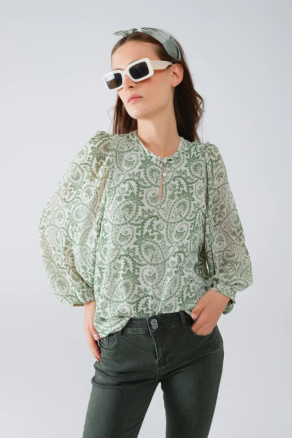 Green chiffon Blouse With Floral Print And Long Balloon Sleeves - Shirts