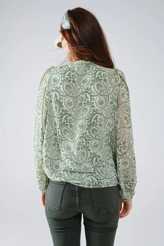 Green chiffon Blouse With Floral Print And Long Balloon Sleeves - Shirts