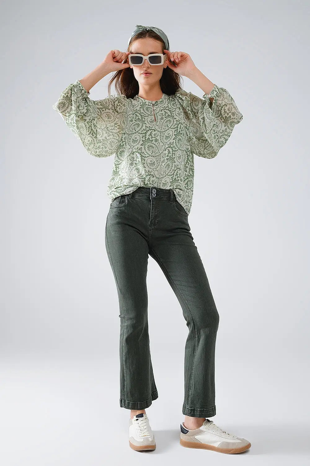Green chiffon Blouse With Floral Print And Long Balloon Sleeves - Shirts