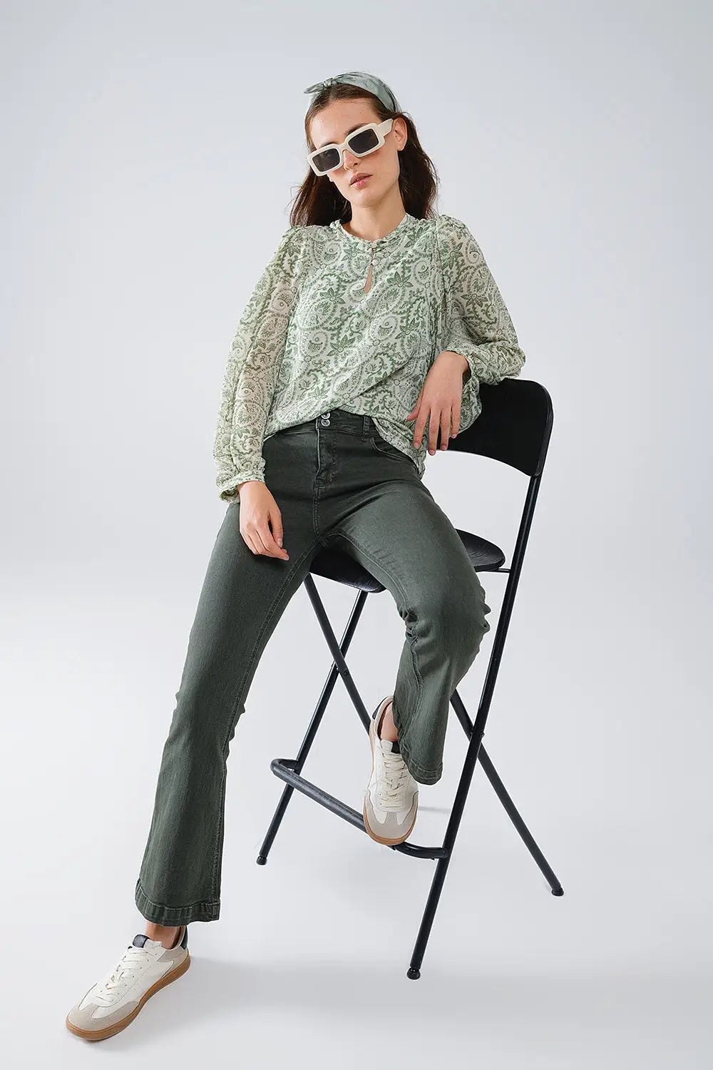 Green chiffon Blouse With Floral Print And Long Balloon Sleeves - Shirts