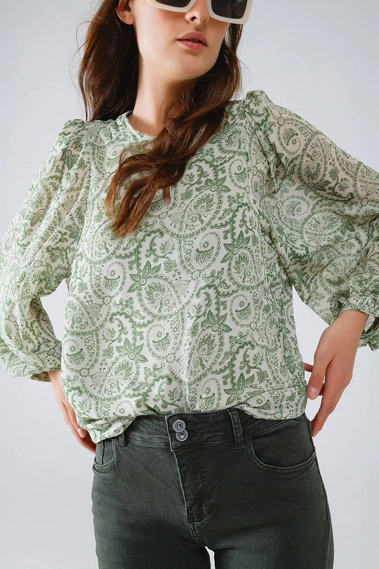 Green chiffon Blouse With Floral Print And Long Balloon Sleeves - Shirts