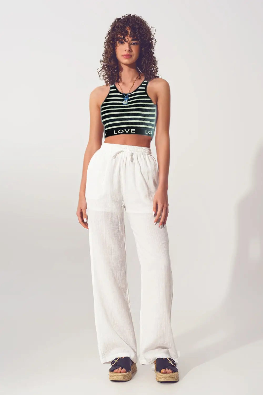 Striped Cropped Top with Love Text in black and beige - BLACK / ONE - Tops