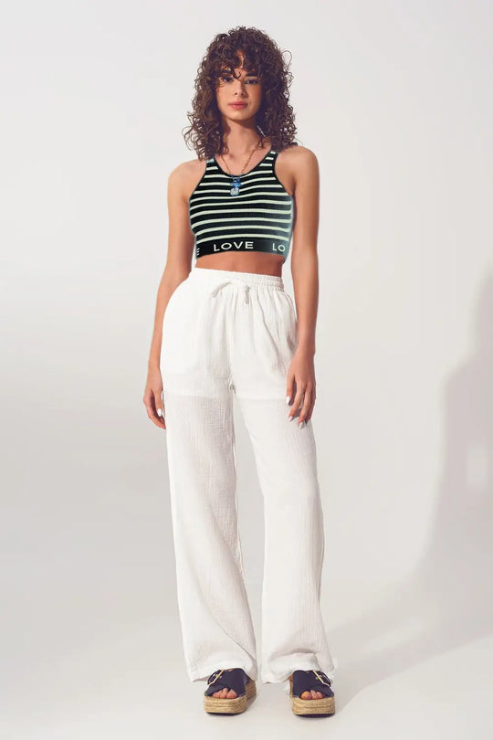 Striped Cropped Top with Love Text in black and beige - BLACK / ONE - Tops