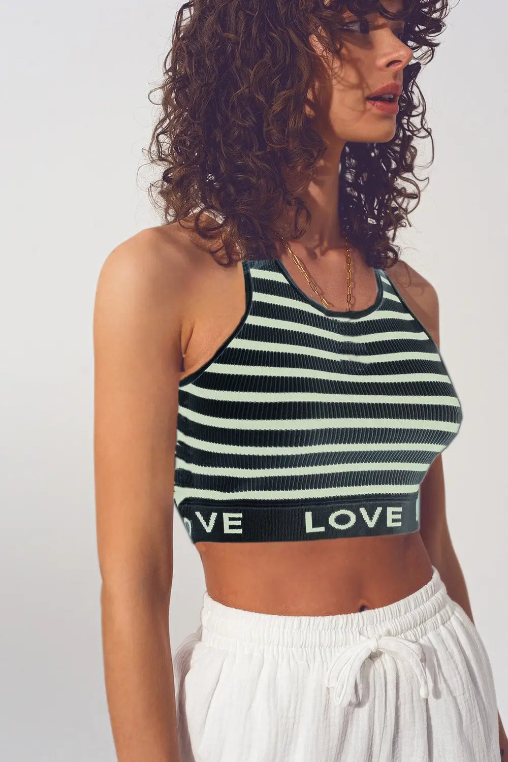 Striped Cropped Top with Love Text in black and beige - BLACK / ONE - Tops