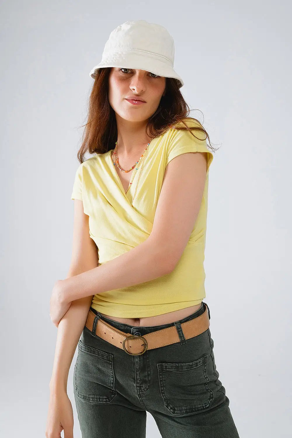 V-neck crossed drapped fitted top with cap sleeves in light lime - Tops