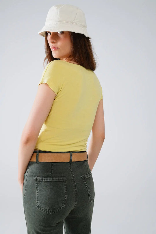 V-neck crossed drapped fitted top with cap sleeves in light lime - Tops