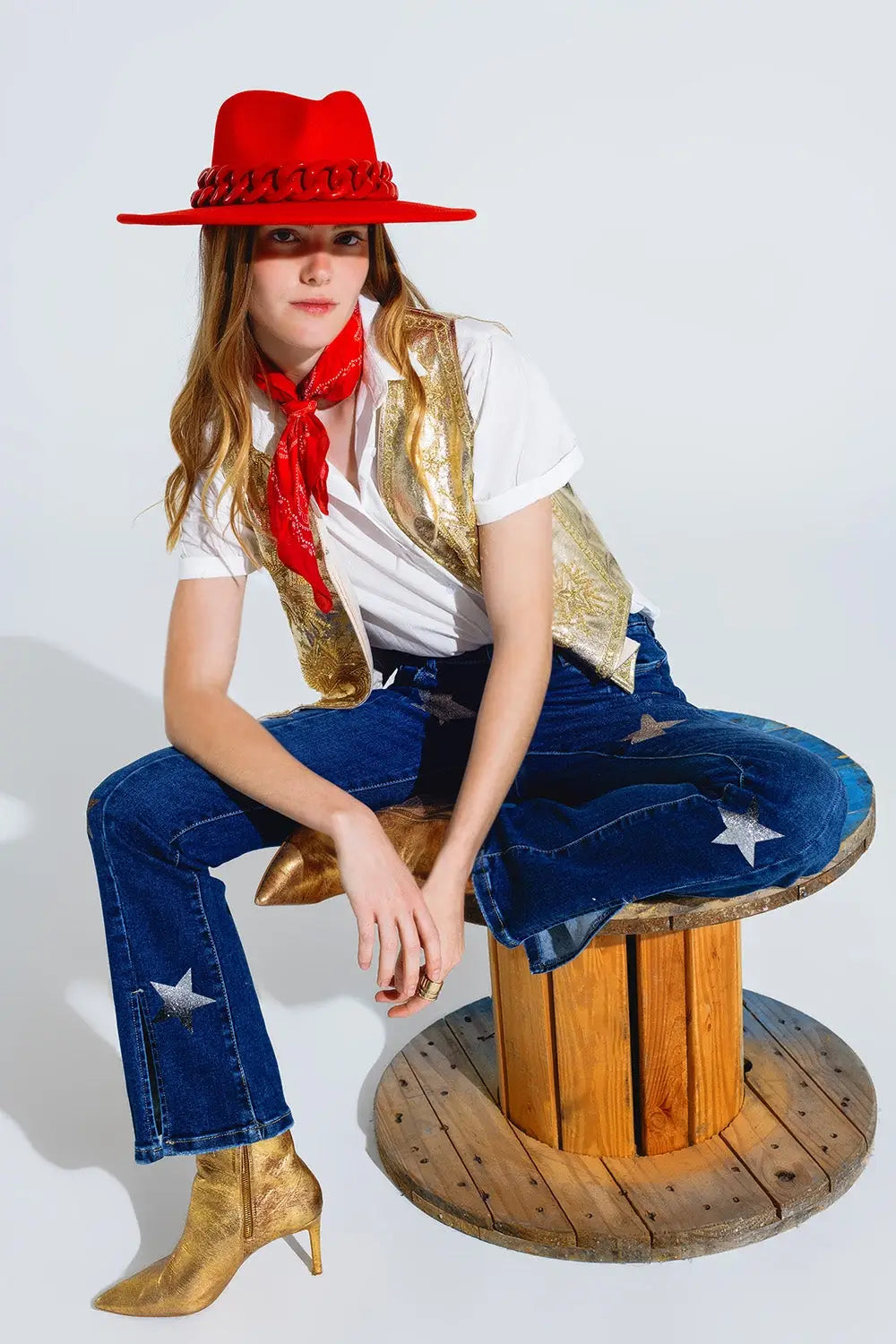 Open Vest With Embroidered Stars in Gold - Jackets