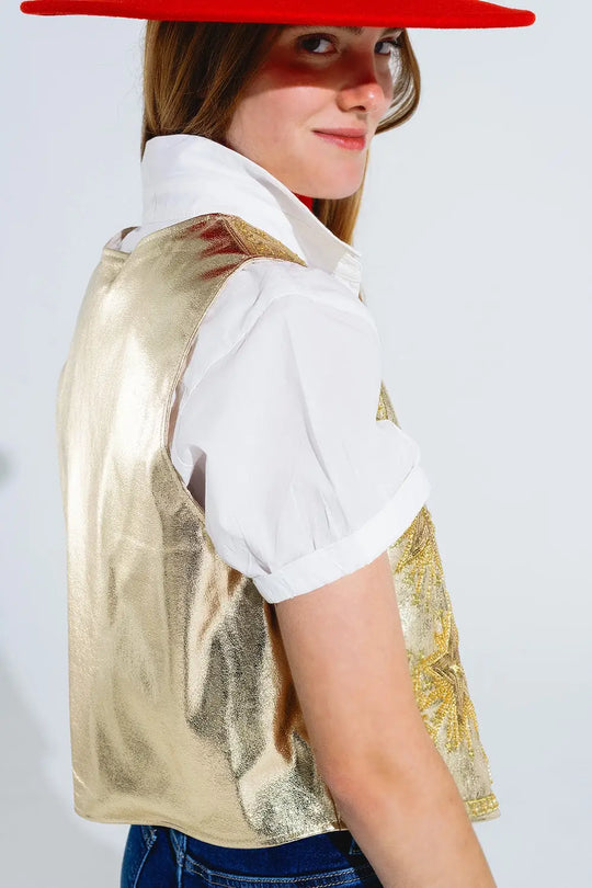 Open Vest With Embroidered Stars in Gold - Jackets