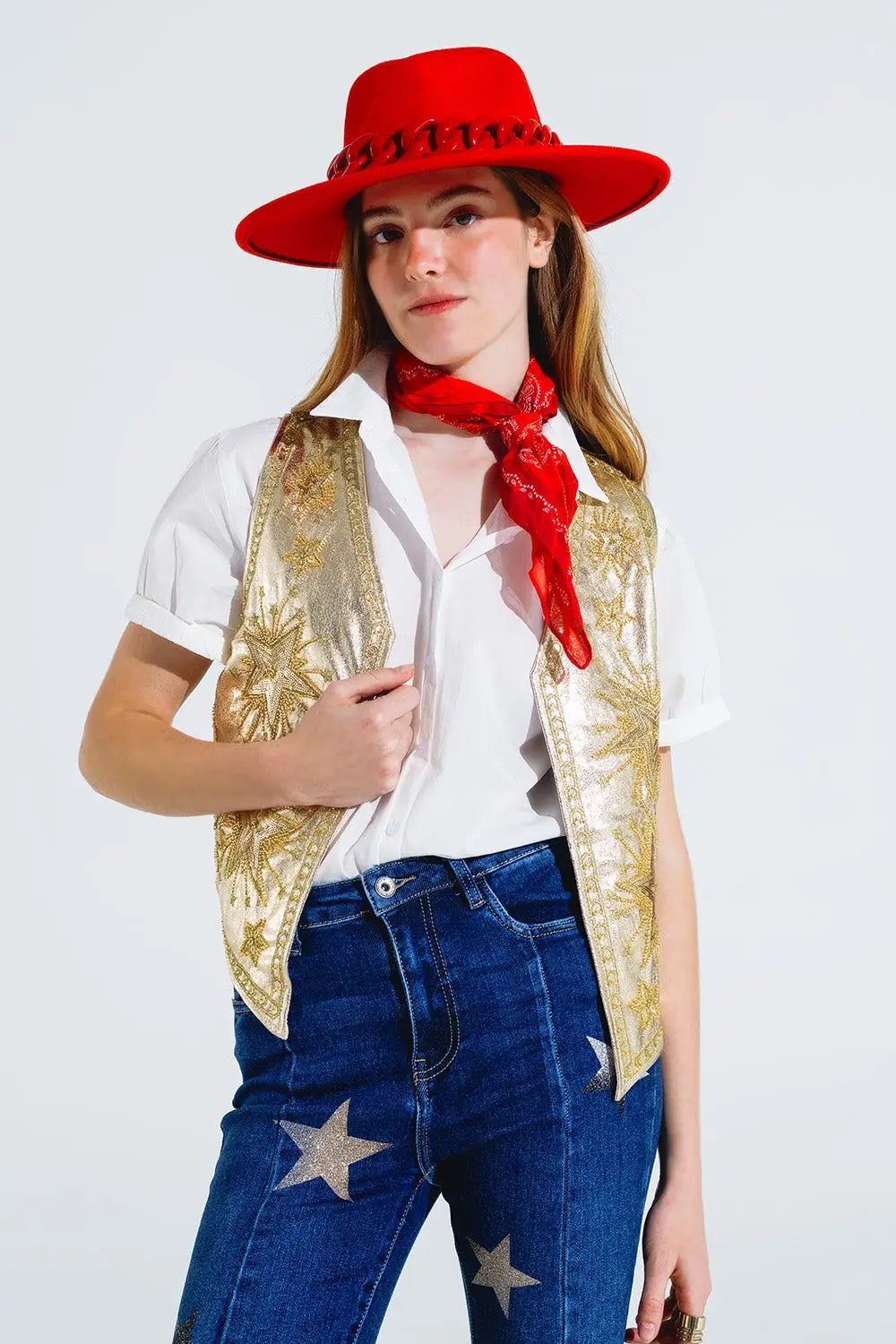 Open Vest With Embroidered Stars in Gold - Jackets
