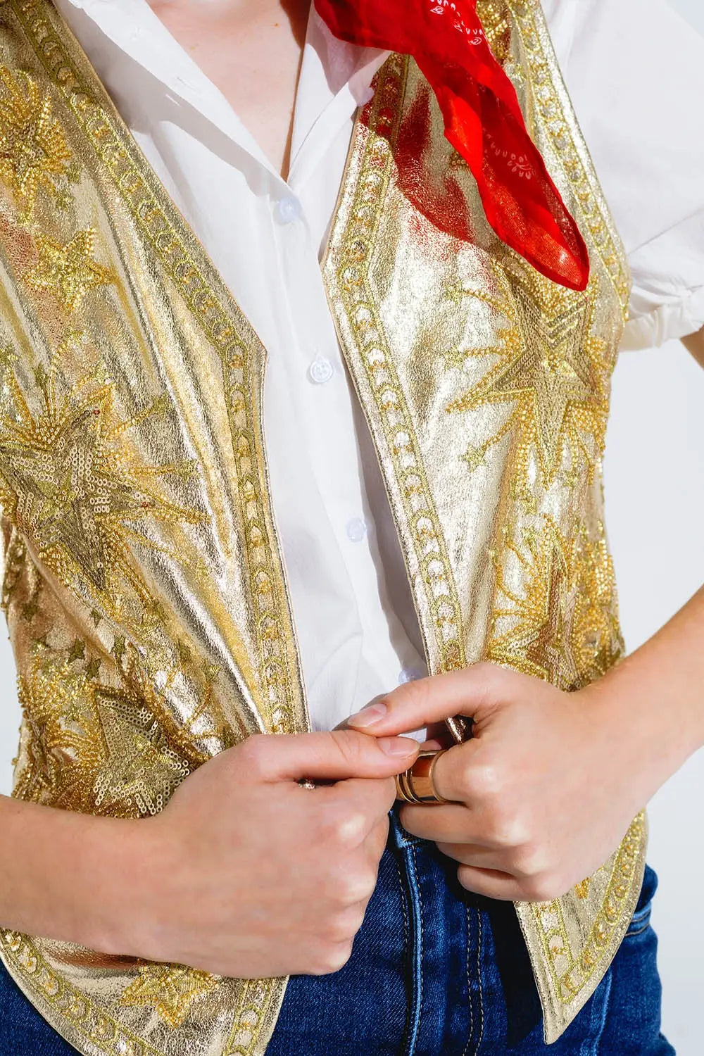 Open Vest With Embroidered Stars in Gold - Jackets