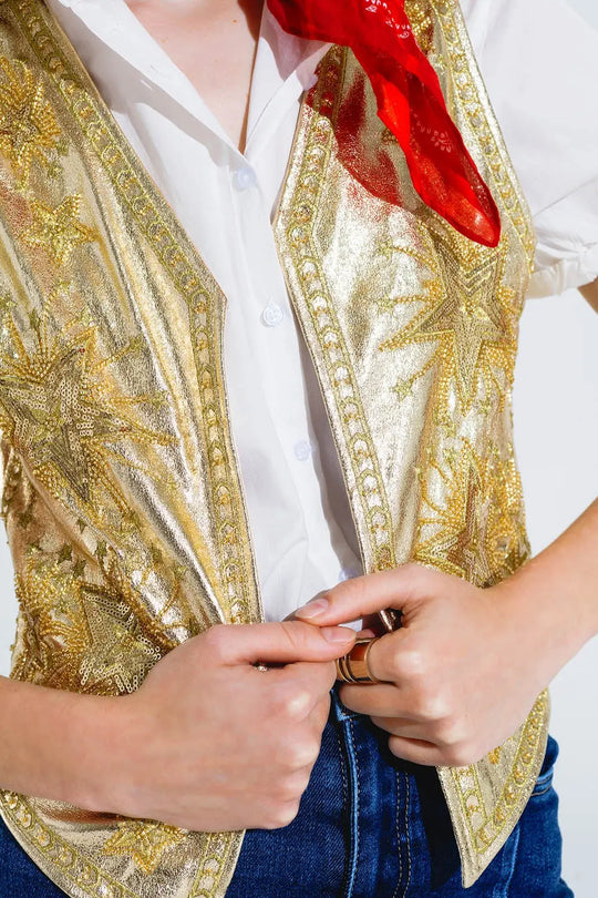 Open Vest With Embroidered Stars in Gold - Jackets