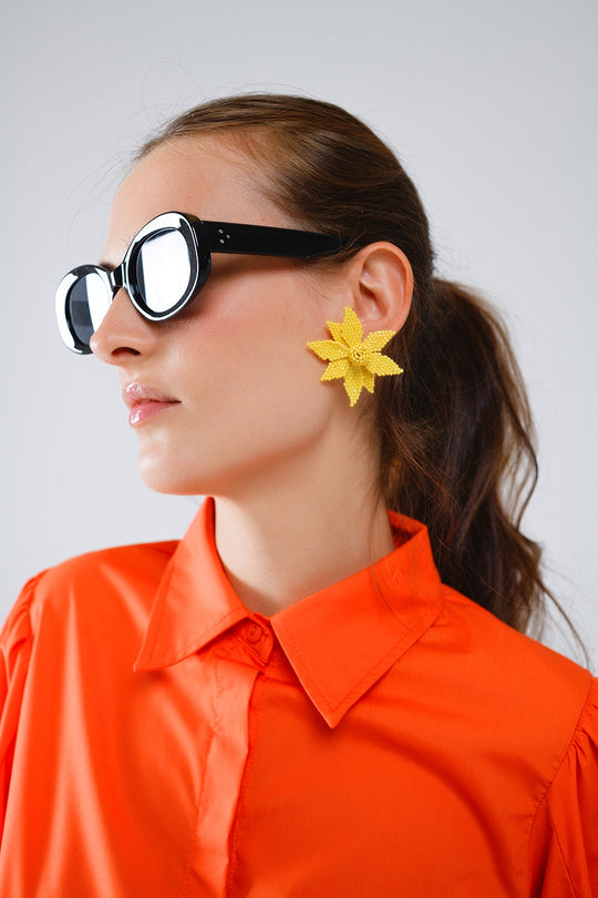 3D Flower Embroidered Earrings In Yellow