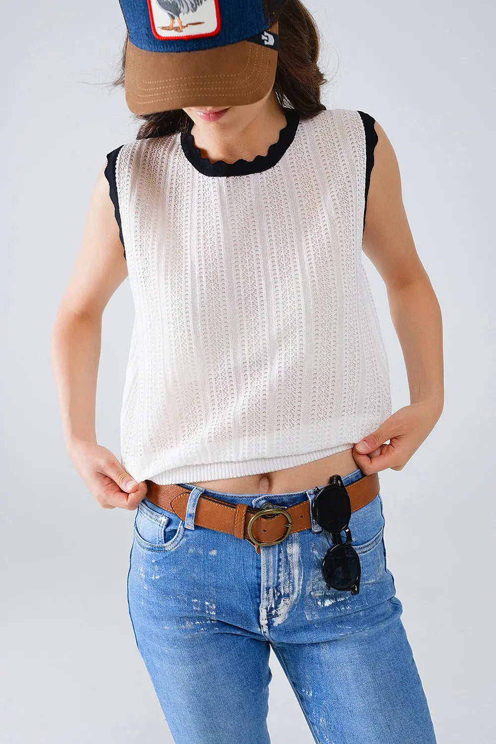 white knitted pointelle top with black wavy trim - Sweaters