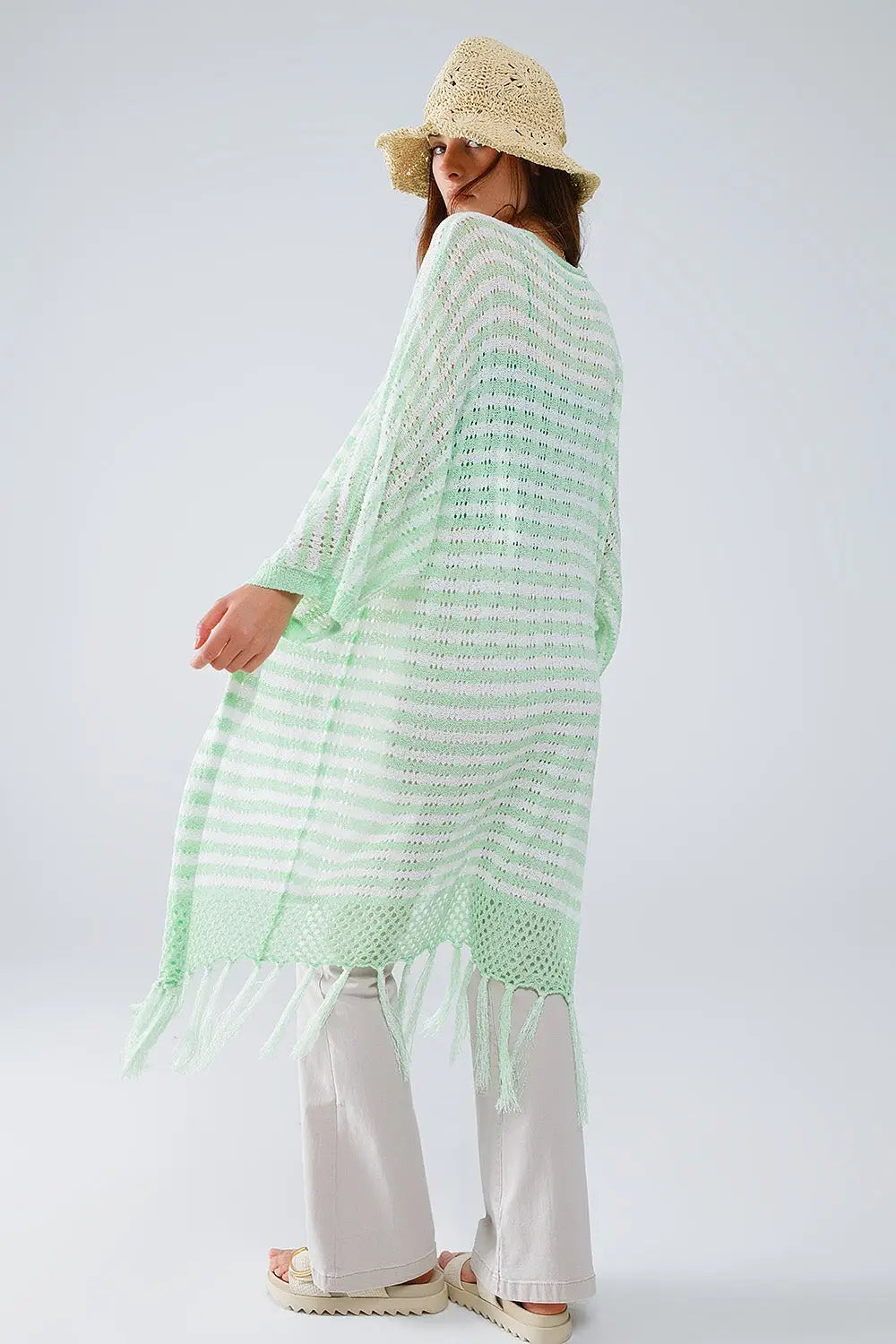 Green Boho Style Cardigan With Stripes Pointelle Knit and Fringe Details - GREEN / ONE - Cardigans