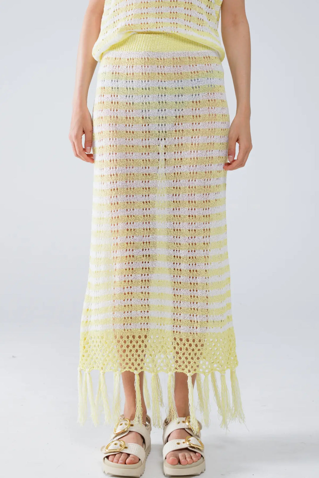 Midi Crochet White Skirt With Yellow Stripes and Fringe Hem - YELLOW / ONE - Skirts