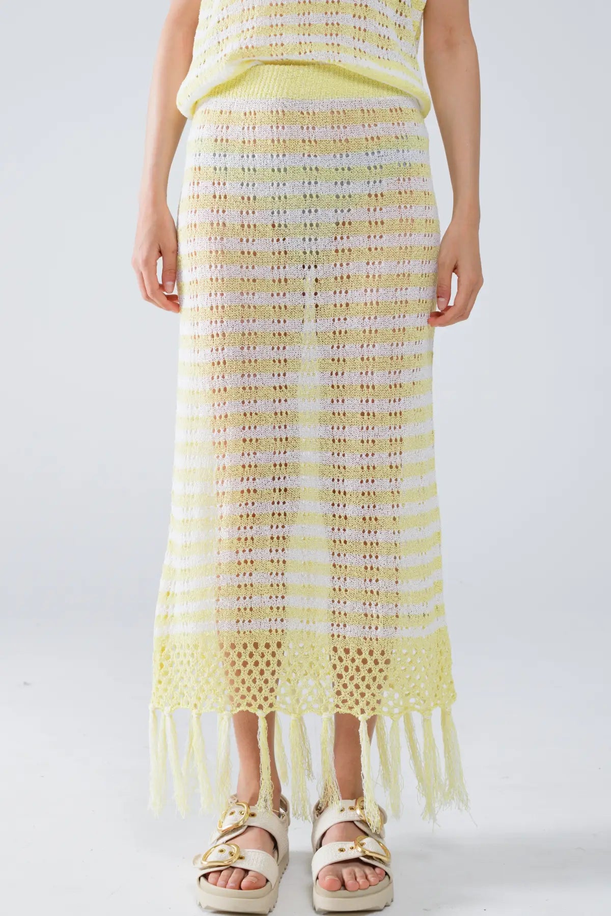 Midi Crochet White Skirt With Yellow Stripes and Fringe Hem - YELLOW / ONE - Skirts