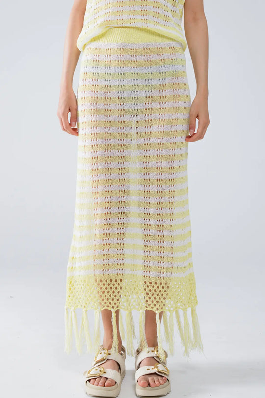 Midi Crochet White Skirt With Yellow Stripes and Fringe Hem - YELLOW / ONE - Skirts