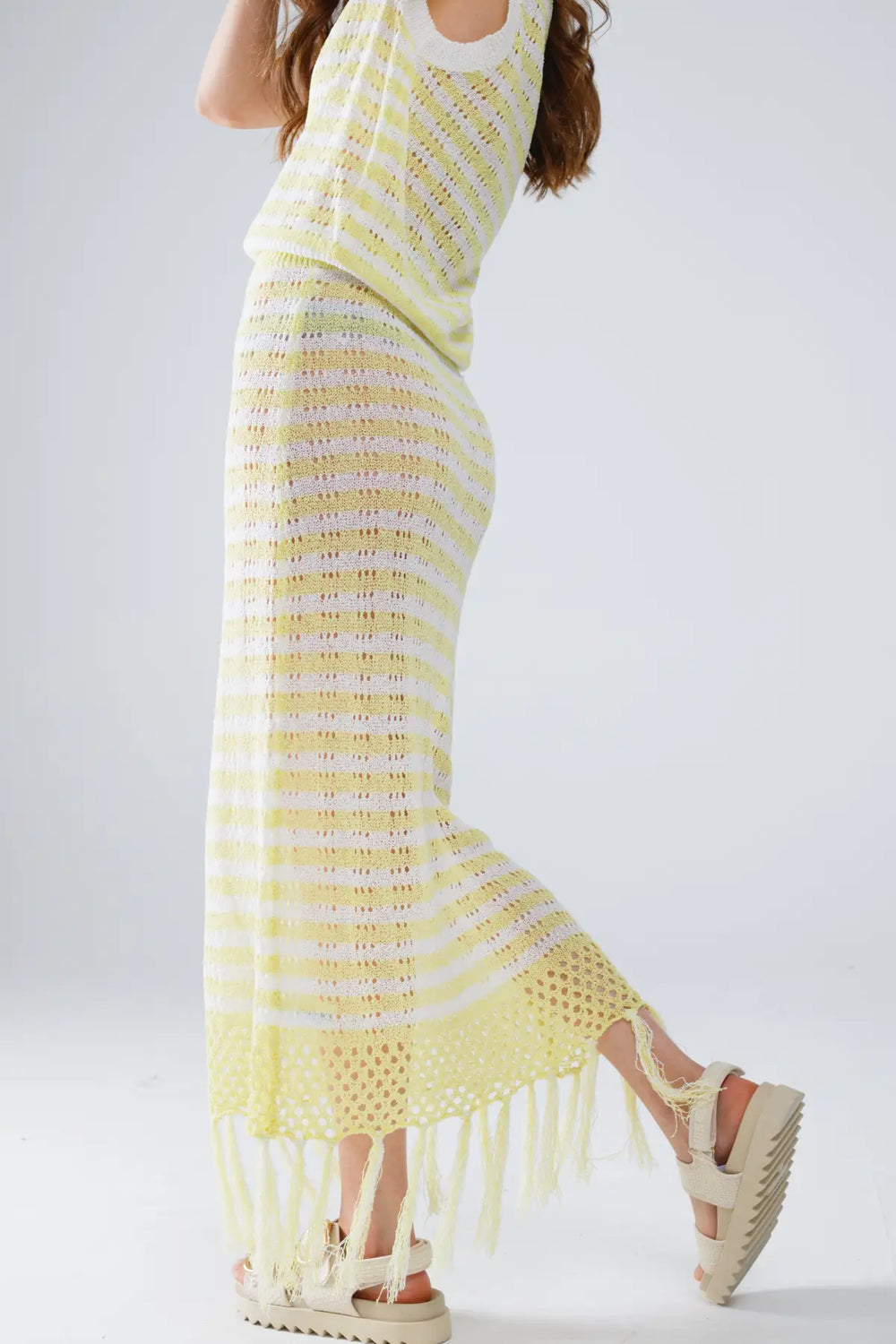 Midi Crochet White Skirt With Yellow Stripes and Fringe Hem - YELLOW / ONE - Skirts