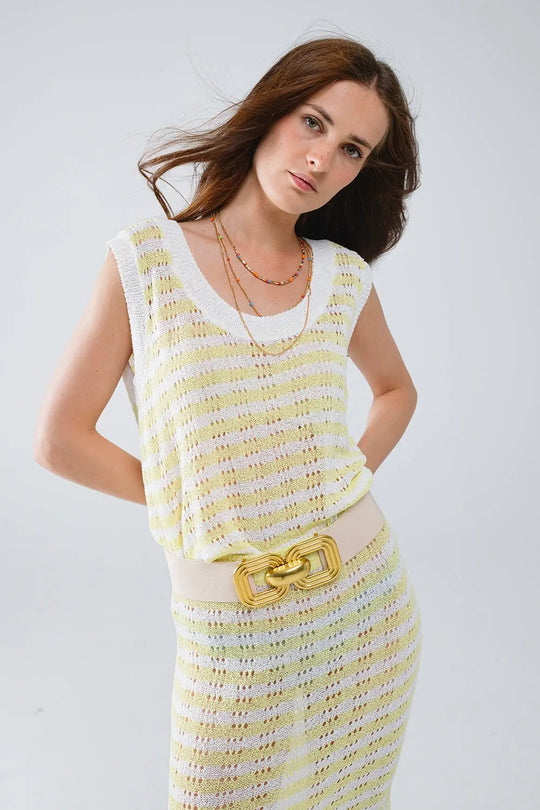 Open Knit Cropped Striped Sleeveless sweater in Yellow and White - YELLOW / ONE - Sweaters
