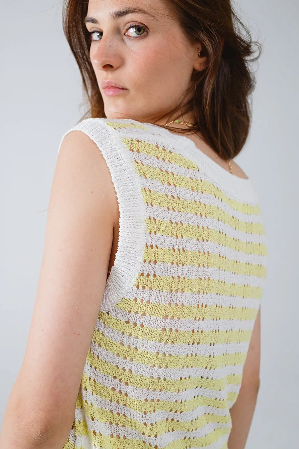 Open Knit Cropped Striped Sleeveless sweater in Yellow and White - YELLOW / ONE - Sweaters