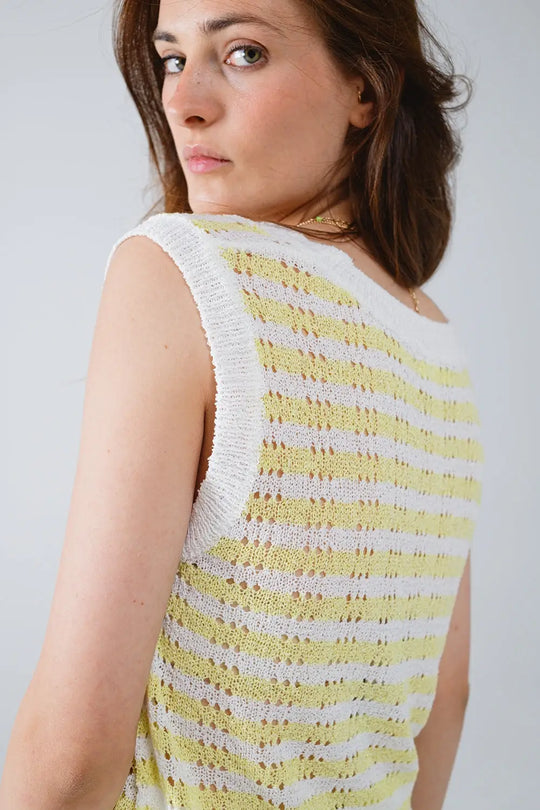 Open Knit Cropped Striped Sleeveless sweater in Yellow and White - YELLOW / ONE - Sweaters