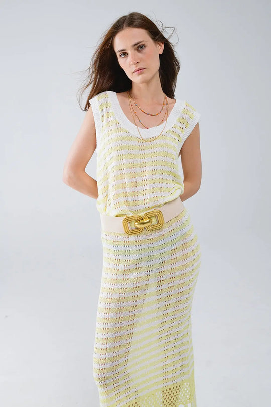 Open Knit Cropped Striped Sleeveless sweater in Yellow and White - YELLOW / ONE - Sweaters