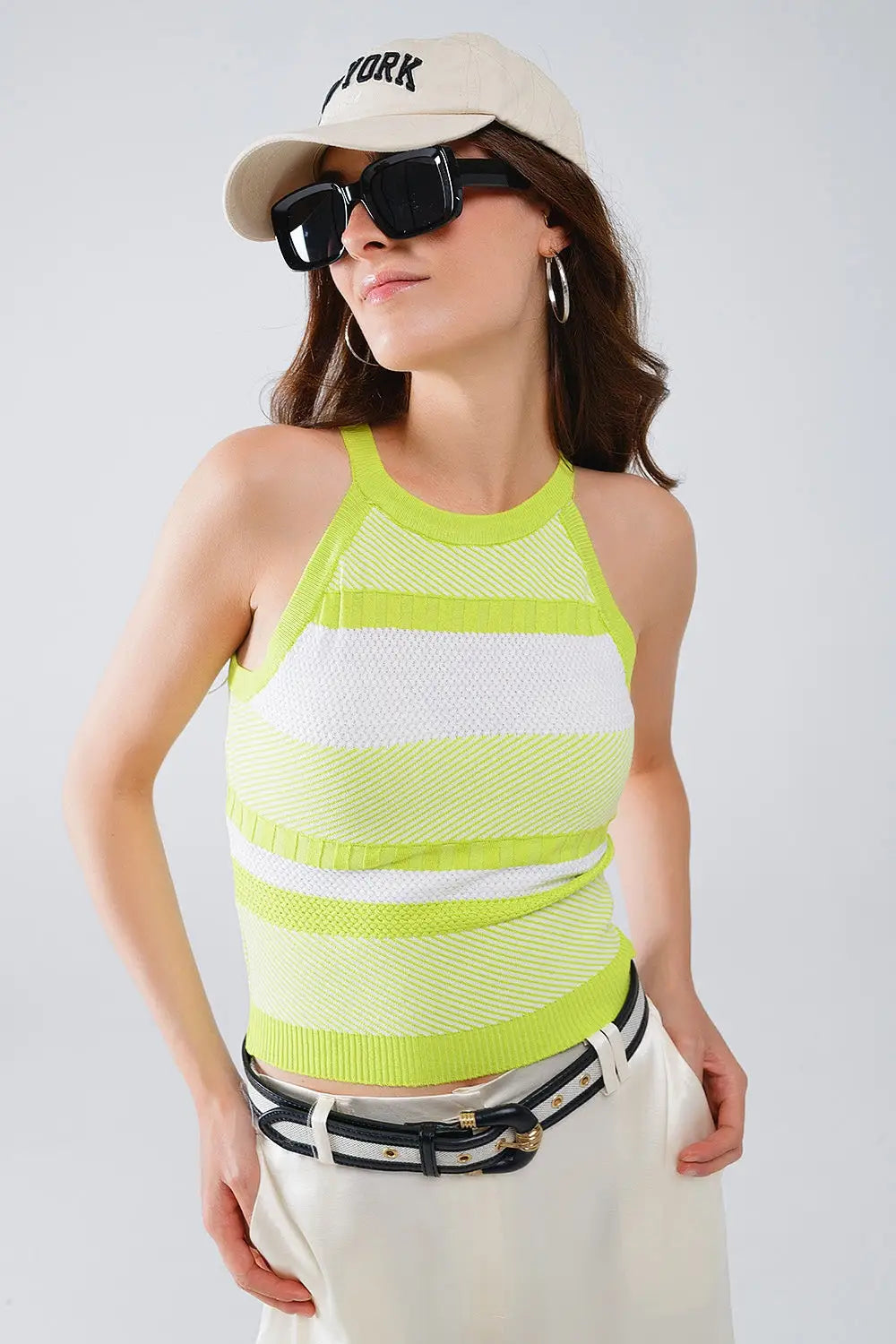 Lime Green Halter Tank top With Stripe Design In Different Knits - GREEN / ONE - Sweaters