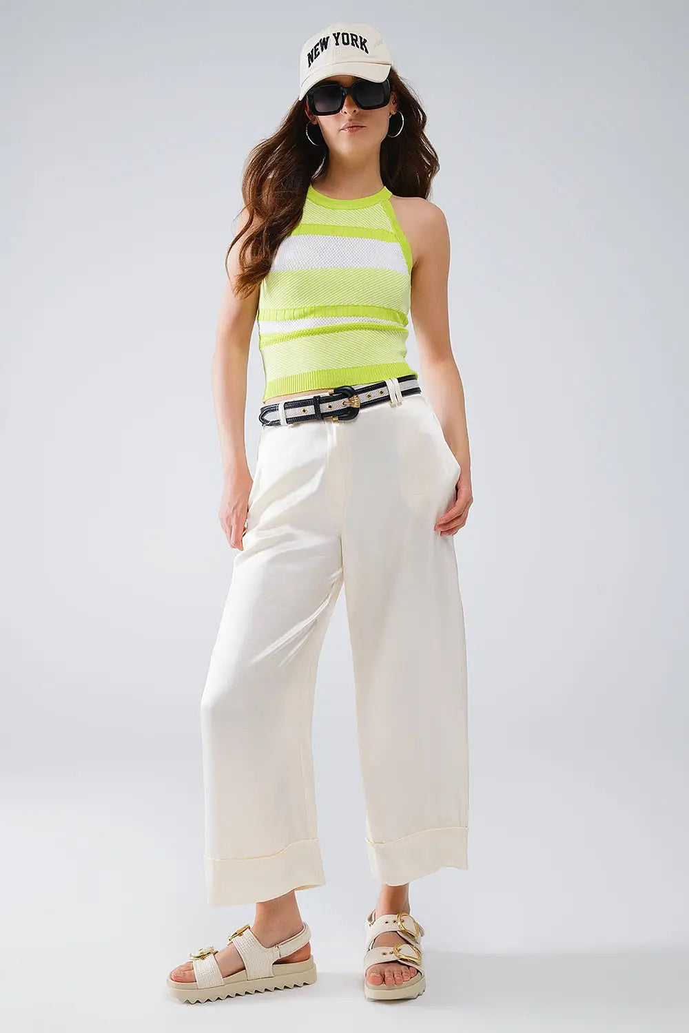 Lime Green Halter Tank top With Stripe Design In Different Knits - GREEN / ONE - Sweaters