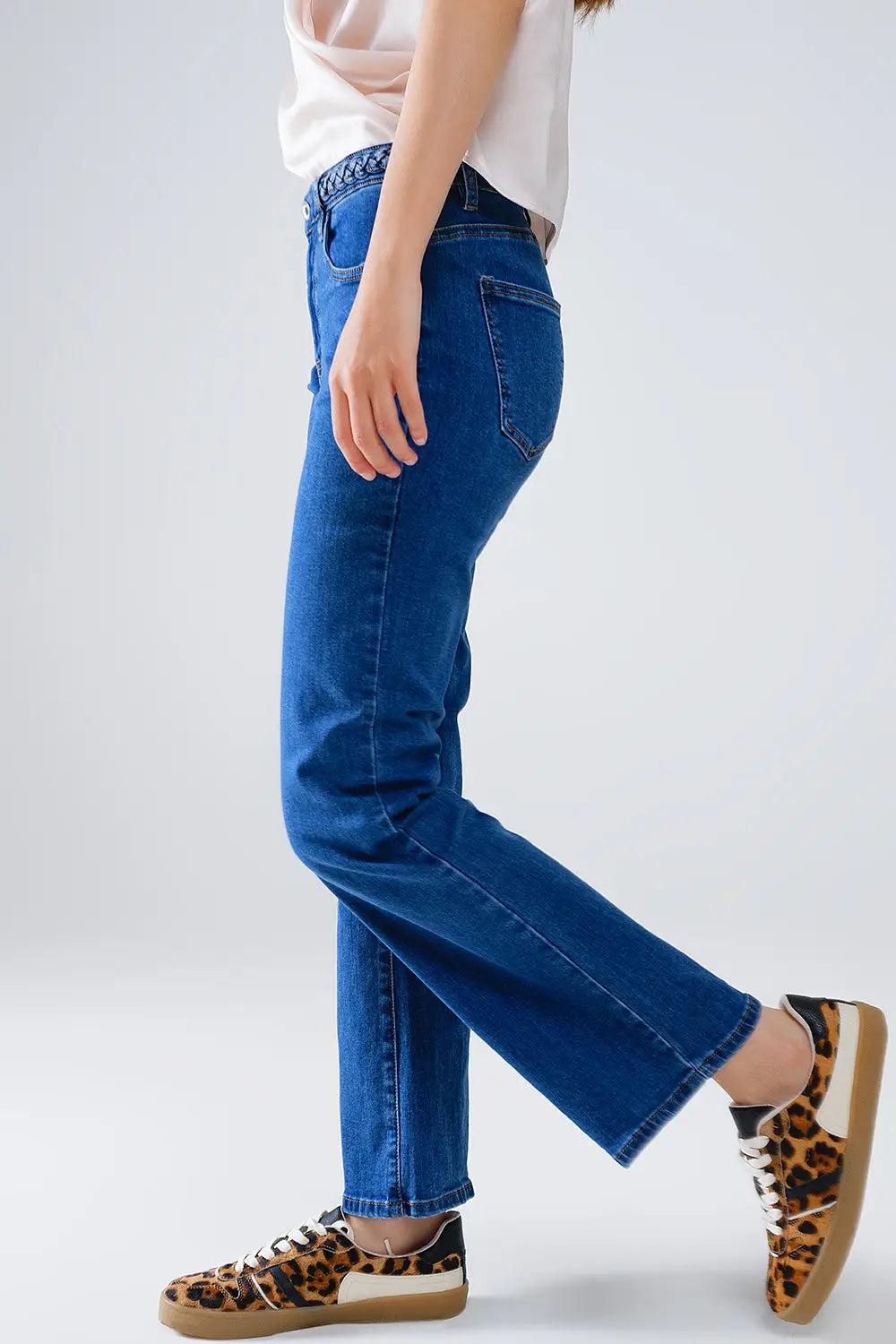 Basic Dark Blue Denim Jeans With Braid Detail At Waist