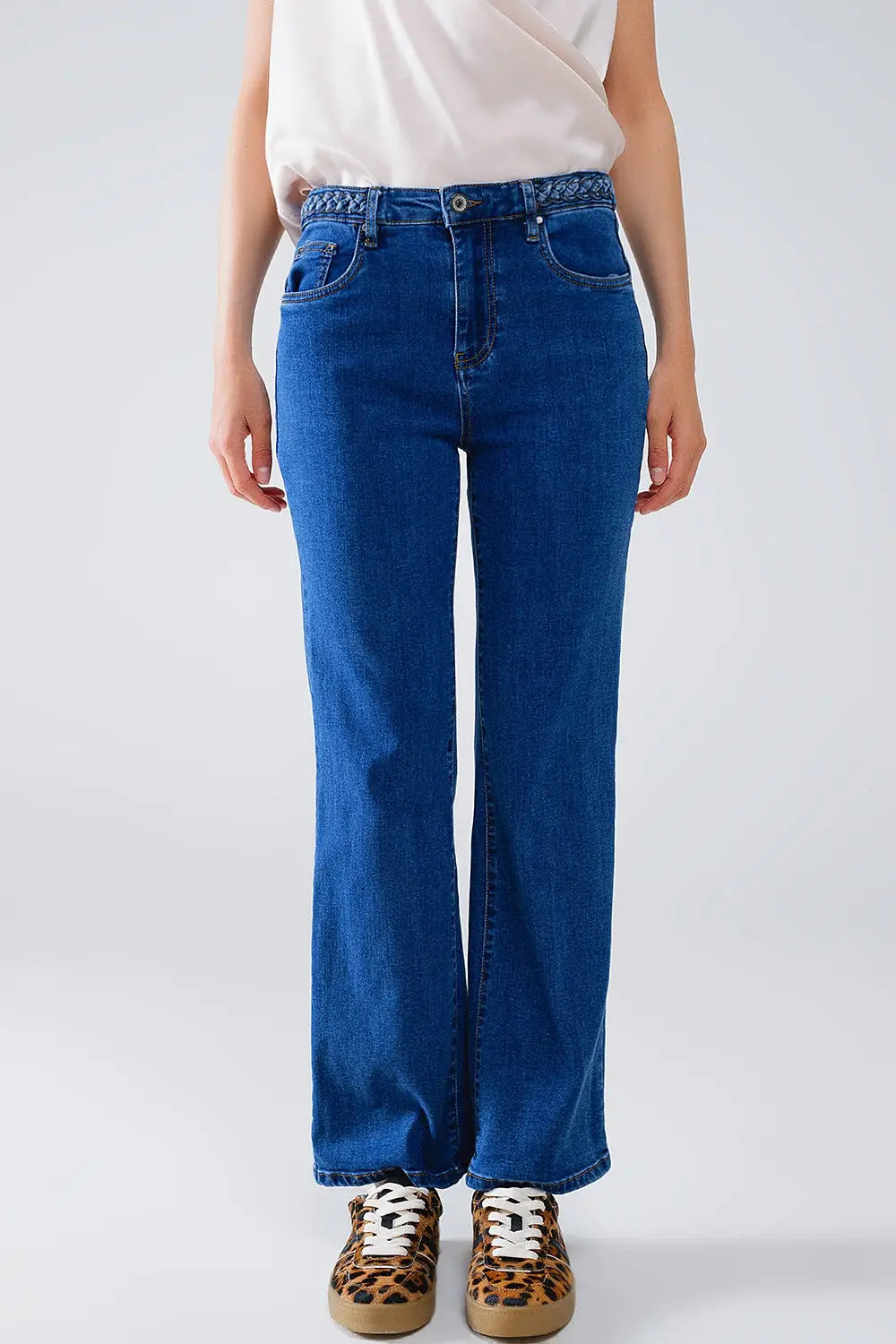 Basic Dark Blue Denim Jeans With Braid Detail At Waist