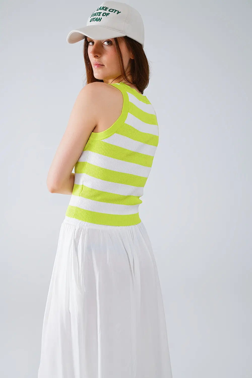 White Tank Top With Wide Stripes in Lime Green - GREEN / ONE - Sweaters