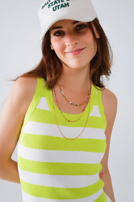 White Tank Top With Wide Stripes in Lime Green - GREEN / ONE - Sweaters