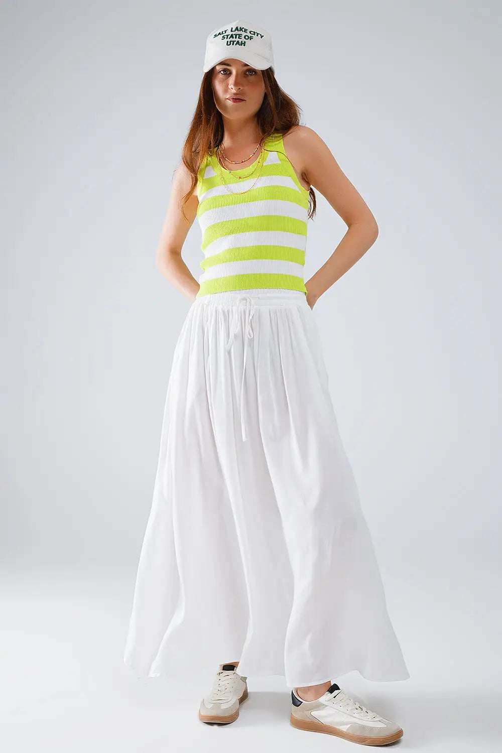 White Tank Top With Wide Stripes in Lime Green - GREEN / ONE - Sweaters