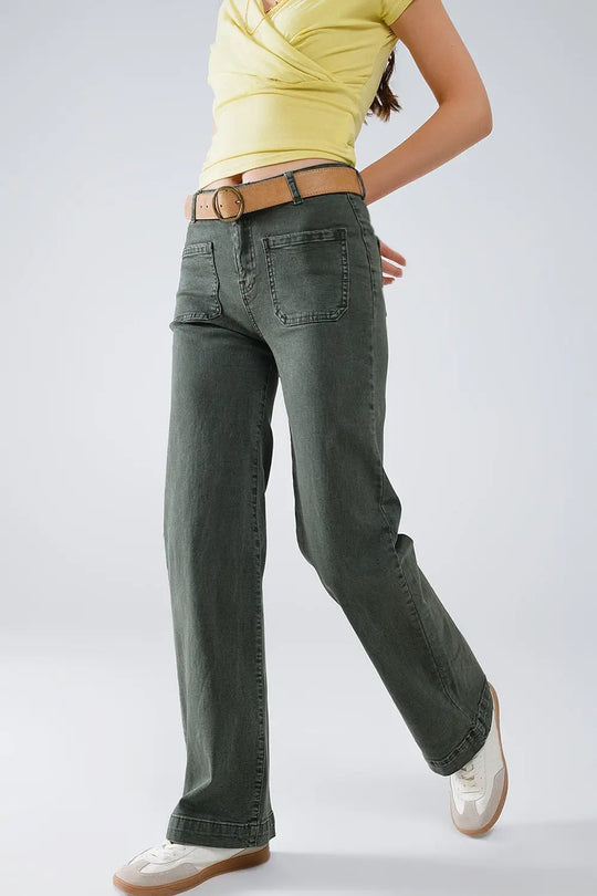 high waisted front pockets flare jeans in dark khaki - Colored Jeans