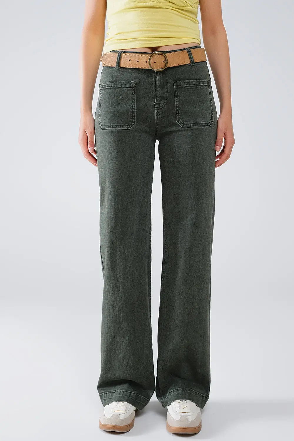 high waisted front pockets flare jeans in dark khaki - Colored Jeans