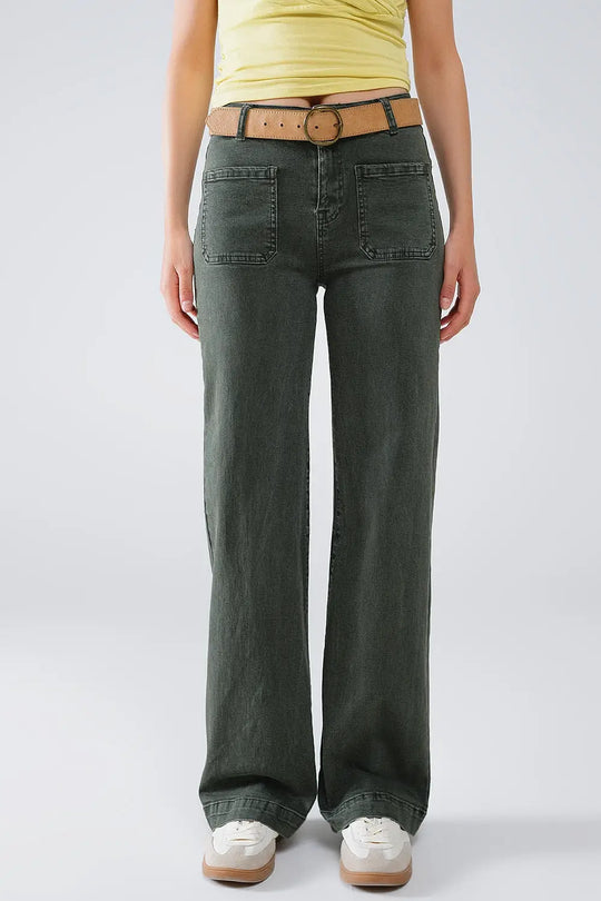 high waisted front pockets flare jeans in dark khaki - Colored Jeans