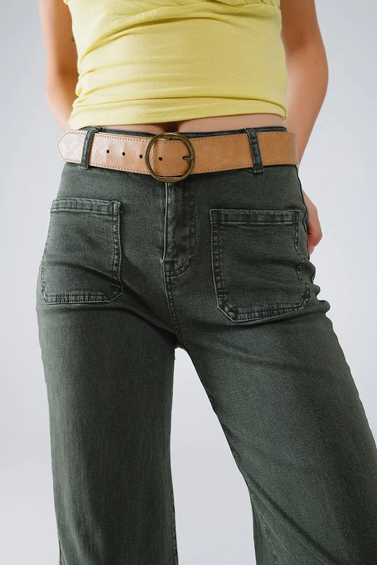 high waisted front pockets flare jeans in dark khaki - Colored Jeans